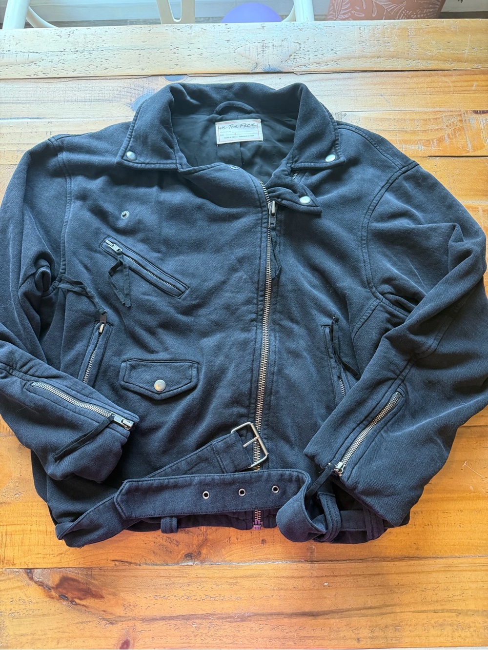 We The Free Rebel Knit Oversized Cotton Black Bomber-Style Moto Jacket